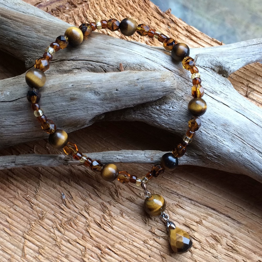 Handmade tigers eye and brown glass bead bracelet